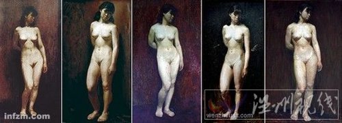 資料圖：10位中央美院學(xué)生同時(shí)發(fā)布了5幅與《人體蔣碧薇女士》場(chǎng)景、人物都相同的畫(huà)作，稱(chēng)均是當(dāng)時(shí)的習(xí)作。從左到右：沈嘉蔚習(xí)作，李斌習(xí)作，劉晨煌習(xí)作，陳承齊習(xí)作，王延青習(xí)作
