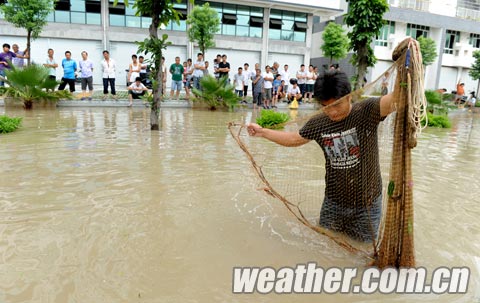 大暴雨席卷廣西北海 市民積水路段拉網(wǎng)抓魚