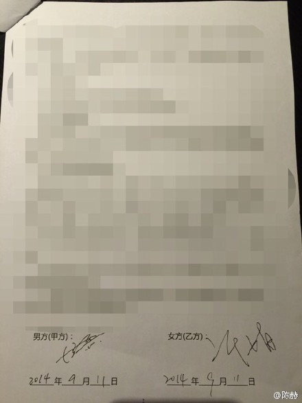 陳赫與妻子的離婚協議書