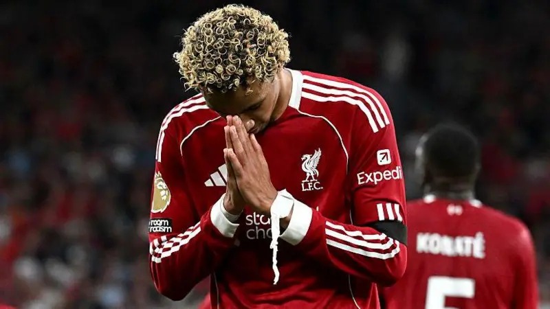 利物浦的雨果·埃基蒂克在對陣伯恩茅斯的英超聯賽首秀中進球后向迪奧戈·若塔致敬