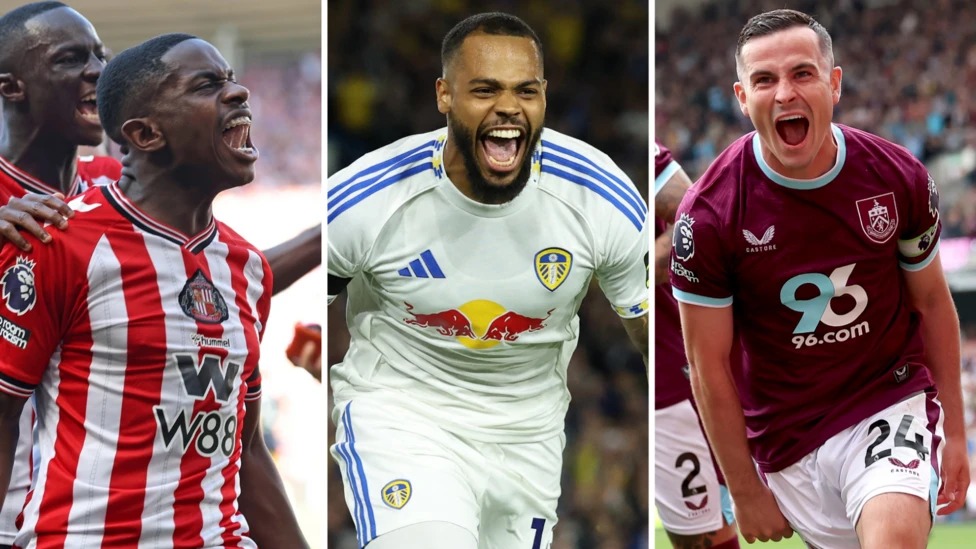 三支升班馬均取得勝利:桑德蘭的EliezerMayenda、利茲的LukasNmecha和伯恩利的JoshCullen慶祝